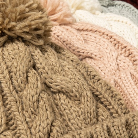 SOLD OUT Taupe Solid Cable Knit Basic Pompom Beanie Women's Winter Hat - Picture 4 of 4